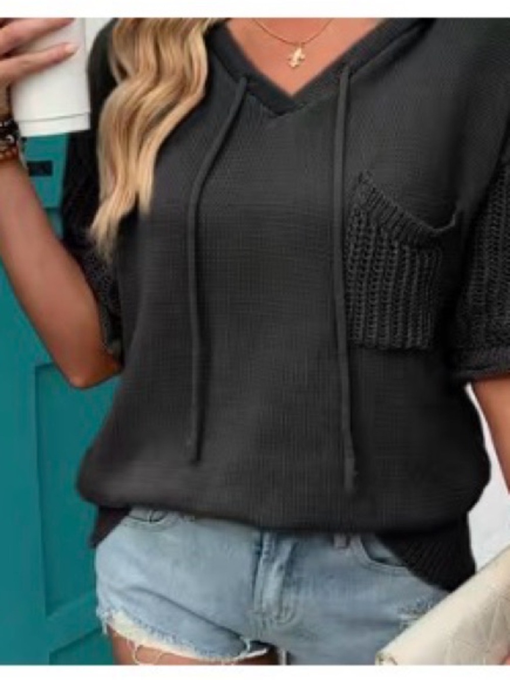 SHEIN Black Open-Knit Hoodie Short-Sleeve Sweater
